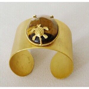 Bracelet Cuff Bangle Gold Plated with Tiger Eye Stone and Gold Turtle NWOT